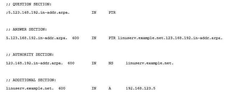 Performing a DNS lookup with dig results in this response:   A)  There is no . after linuserv.example.net in the PTR record in the forward lookup zone file There is no . after linuserv.example.net in the PTR record in the forward lookup zone file B)  There is no . after linuserv in the PTR record in the forward lookup zone file . after linuserv C)  There is no . after linuserv.example.net in the PTR record in the reverse lookup zone file in the PTR record in the reverse lookup zone file D)  The . in the NS definition in the reverse lookup zone has to be removed The . in the NS definition in the reverse lookup zone has to be removed
