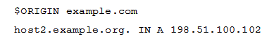 A zone file contains the following lines:   and is included in the BIND configuration using this configuration stanza:   Which problem is contained in this configuration? A)  The zone statement is the BIND configuration must contain the cross-zone-data yes ; statement. The zone statement is the BIND configuration must contain the cross-zone-data yes ; statement. B)  The zone cannon contain records for a name which is outside the zone's hierarchy. C)  The $ORIGIN declaration cannot be used in zone files that are included for a specific zone name in the BIND configuration. $ORIGIN declaration cannot be used in zone files that are included for a specific zone name in the BIND configuration. D)  An A record cannot contain an IPv4 address because its value is supposed to be a reverse DNS name. E)  Names of records in a zone file cannot be fully qualified domain names.