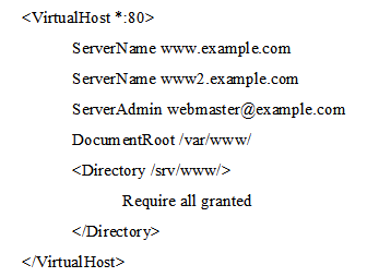 The following Apache HTTPD configuration has been set up to create a virtual host available at www.example.com and www2.example.com:   Even though Apache HTTPD correctly processed the configuration file, requests to both names are not handled correctly. What should be changed in order to ensure correct operations? A)  The configuration must be split into two VirtualHost sections since each virtual host may only have one name. The configuration must be split into two VirtualHost sections since each virtual host may only have one name. B)  The port mentioned in opening VirtualHost tag has to be appended to the ServerName declaration's values. The port mentioned in opening tag has to be appended to the ServerName declaration's values. C)  Both virtual host names have to be placed as comma separated values in one ServerName declaration. Both virtual host names have to be placed as comma separated values in one declaration. D)  Both virtual host names have to be mentioned in the opening VirtualHost tag. Both virtual host names have to be mentioned in the opening tag. E)  Only one Server name declaration may exist, but additional names can be declared in ServerAlias options. Only one Server name declaration may exist, but additional names can be declared in ServerAlias options.