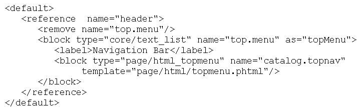 Given the following layout XML, what will be the expected result on the Magento frontend?   A)  The top.menu block will be displayed on all pages within the header block B)  The top.menu block will never be displayed C)  The top.menu block will be displayed within the default block D)  The top.menu block will only be displayed within  Catalog  pages