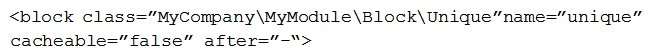 You have created a new block and will be adding this block on every page. The block contains user-specific information and cannot be cached. The block is added to the default.xml with:   What does this accomplish? A)  The block will be loaded on the store front using AJAX B)  FPC will cache the block content for all cacheable pages C)  FPC will be bypassed for this block and all other page content will be cached D)  All store front pages are no longer cacheable