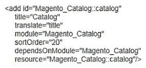 You are adding an entry to the backend menu. To do so you open a core etc/adminhtml/menu.xml file as a reference. In the file you see the node:   What is the result of specifying resource= Magento_Catalog::catalog ? A)  The menu item will only be visible to users who are assigned to a role with access to the matching ACL resource B)  The menu item will only be visible if the class method specified by the resource returns a true value C)  The last selected menu item for a user is stored in the DB so the previously visited page can be restored on the next login D)  The resource is used to locate the correct translation for the attributes listed in title= … 