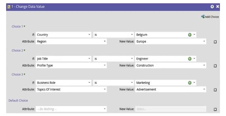 A marketer has created a Smart Campaign with the Flow displayed in the screenshot:   Which attribute(s)  will be updated if a Lead is running through the Flow and all Choices except the Default Choice would match? A)  The attribute 'Topics of Interest' will be updated. 'Region' & 'Profile Type' won't get an update. B)  All attributes will be updated. C)  The attribute 'Region' will be updated. 'Profile Type' & 'Topics of Interest' won't get an update. D)  The attribute 'Profile Type' will be updated. 'Region' & 'Topics of Interest' won't get an update.