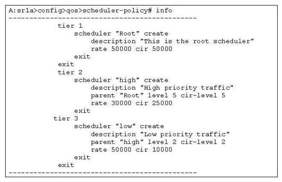 Click the exhibit button below. Given this scheduler-policy configuration, which of the following can be said about the scheduler called  high ? (Choose two)    A)  It is a parent scheduler. B)  It is the top-level scheduler. C)  It can allocate up to 50 Mbps of bandwidth to scheduler  low  since the bandwidth is not used by another Tier 3 scheduler. D)  It is a child scheduler. E)  It can only have queues as children.