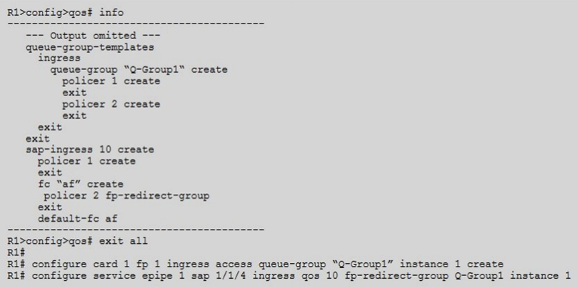 According to the SAP-egress policy configured and applied, which queue will forwarding class AF's traffic use?   A)  Policer 2 on the queue-group Q-Group1 instance 1. B)  Policer 1 on the queue-group Q-Group1 instance 1. C)  The default policer 1. D)  AF traffic is dropped.
