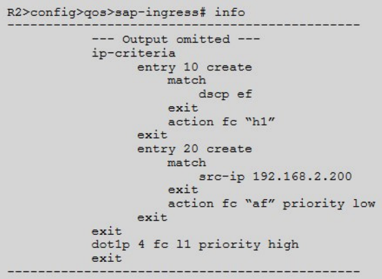 The SAP-ingress policy shown below is applied properly to a Nokia 7750 SR. A traffic stream is received from an IP address of 192.168.2.200 with DSCP and dot1p set to EF and 4, respectively. Which forwarding class and priority level is used for this traffic stream?   A)  FC H1, high B)  FCH1, low C)  FCAF, high D)  FCAF, low