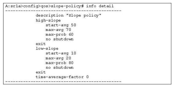 Click the exhibit button below. Given that the slope-policy (below)  has been enabled and applied on a network port, which of the following statements are TRUE? (Choose three)    A)  All out-of-profile traffic will be dropped before any in-profile is dropped. B)  The time average factor of 0 will discard all packets arriving in the shared buffer pool. C)  When the shared buffer utilization reaches 51%, in-profile packets might be dropped. D)  The highest probability with which an out-of-profile packet can be dropped is 20%. E)  When an in-profile packet arrives and the shared buffer utilization is at 69%, the packet will have approximately a 60% likelihood of being discarded.