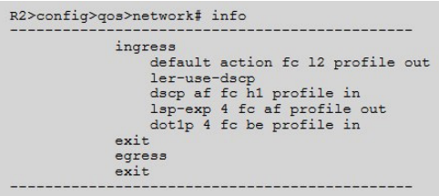 The network QoS policy shown below is applied properly to a Nokia 7750 SR acting as a transit Label Switch Router (LSR)  for a given MPLS tunnel. A packet is received inside the MPLS tunnel with EXP=4, dot1p=4, and DSCP=AF. Which forwarding class is assigned to this packet?   A)  L2 B)  H1 C)  AF D)  BE