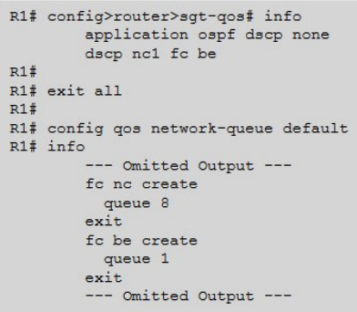 According to the configurations shown, which of the following statements about the classification and queuing of self-generated OSPF traffic is TRUE?   A)  It will be classified into forwarding class BE and stored in queue 1. B)  It will be classified into forwarding class BE and stored in queue 8. C)  It will be classified into forwarding class NC and stored in queue 1. D)  It will be classified into forwarding class NC and stored in queue 8.