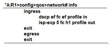   In the image shown above, the network QoS policy is applied properly to a Nokia 7750 SR. An MPLS packet with dot1p=1, EXP=4, and DSCP=AF is received. Which forwarding class and profile is assigned to this packet? A)  EF, in B)  H1, out C)  BE, out D)  L1, in