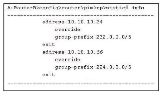 Refer to the configuration exhibit.   Which of the following statements is true? A)  2 static RP's cannot be configured on the same device B)  10.10.10.24 will be RP for 230.1.1.1 and 10.10.10.66 will be RP for 234.1.1.1 C)  10.10.10.24 will be RP for 234.1.1.1 and 10.10.10.66 will be RP for 230.1.1.1 D)  2 static RP's both with override cannot be configured on the same device
