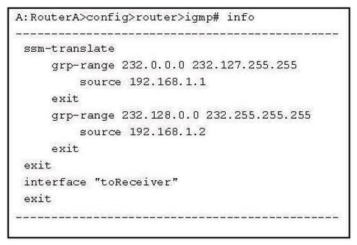 Refer to the configuration exhibit.   What will happen when this router receives an IGMPv3 exclude none report for group 232.1.1.1? A)  The router will propagate a (*, 239.1.1.1)  join towards RP if it exists B)  The router will randomly pick a source from 192.168.1.1 and 192.168.1.2 and send an (S, G) join towards the source C)  The IGMPv3 report will be dropped and a log about misconfiguration will be generated D)  The router will send a PIM (192.168.1.1,232.1.1.1)  Join