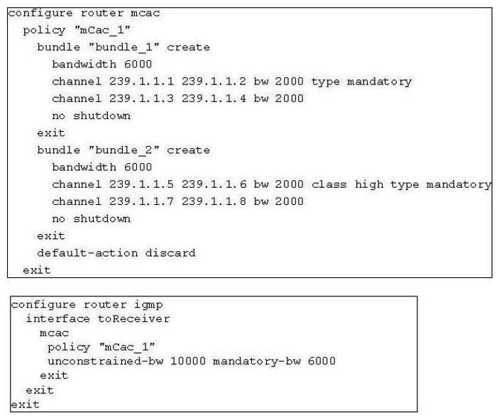 Refer to the configuration exhibit.   Channel 239.1.1.11239.1.1.2, 239.1.1.3 and 239.1.1.5 have already been established. What will happen when this router receives a IGMP report to join group 239.1.1.6? A)  The router will tear down channel 239.1.1.3 as it's non-mandatory and establish a new channel for 239.1.1.6 B)  The router will tear down either channel 239.1.1.1 or 239.1.1.2 as they are low class and establish a new channel for 239.1.1.6 C)  No existing channel will be torn down and the new channel for 239.1.1.6 will be established as there is enough resource D)  The new channel 239.1.1.6 won't be established and a log will be generated