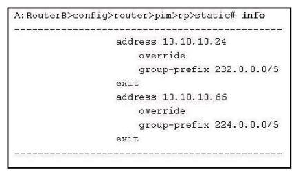 Click the exhibit.   Which of the following regarding the displayed RP configuration is TRUE? A)  Two static RPs cannot be configured on the same device. B)  10.10.10.24 is the RP for 230.1.1.1; while 10.10.10.66 is the RP for 234.1.1.1. C)  10.10.10.24 is the RP for 234.1.1.1; while 10.10.10.66 is the RP for 230.1.1.1. D)  Only one static RP can be configured with override.