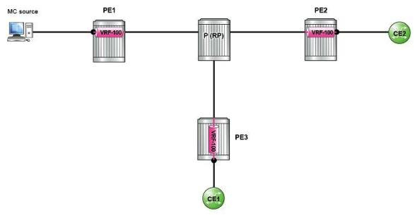 Click the exhibit.   Assume the I-PMSI group address is G. How many PIM (S,G)  entries are on the P (RP)  router? A)  Only one, and S is PE1. B)  Only one, and S is the MC source server's IP address. C)  None, as RPonly maintains (*,G)  state. D)  Three, and S is PE1, PE2 and PE3 respectively.