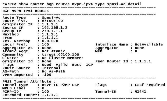 Click the exhibit.   Based on the output displayed, which of the following is TRUE? A)  This router is a PE attached to the multicast source of group 239.1.1.1. B)  Router 1.1.1.1 is a PE attached to the multicast source of group 239.1.1.1. C)  Router 192.168.1.2 is a PE attached to the multicast source of group 239.1.1.1. D)  Router 192.168.1.2 is a PE attached to a receiver interested in group 239.1.1.1.
