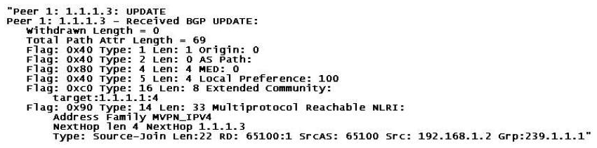 Click the exhibit.   Which of the following statements is TRUE regarding the group address 239.1.1.1 in the BGP A-D message? A)  239.1.1.1 is the destination multicast group address of this message. B)  239.1.1.1 is the customer multicast group address. C)  239.1.1.1 is the I-PMSI group address. D)  239.1.1.1 is the 5-PMSI group address.