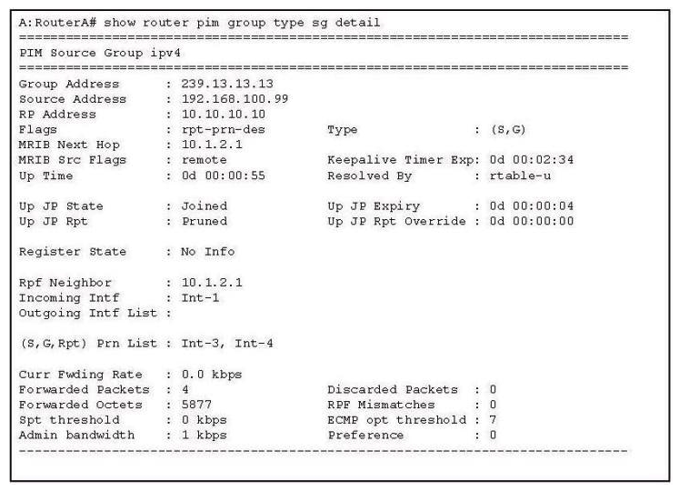 Click the exhibit.   Which of the following describes the router that produced the output shown in the exhibit? A)  The router is the RP. B)  The router is the first-hop router from the source. C)  The router is the one where the Source and Shared Path Trees diverge. D)  The router is an upstream router from the diverging router on the Shared Path Tree.