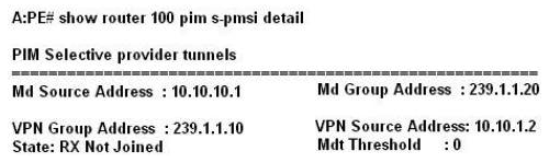 Click the exhibit.   Based on the output, which of the following is correct? A)  The S-PMSI group address is 239.1.1.10. B)  The I-PMSI group address is 239.1.1.10. C)  The S-PMSI group address is 239.1.1.20. D)  The I-PMSI group address is 239.1.1.20.