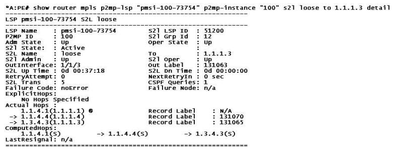 Click the exhibit.   Based on the output displayed, which of the following is FALSE? A)  Fast-reroute one-to-one is enabled in this P2MP LSP-template. B)  This P2MP LSP is established for VPRN 100. C)  Router 1.1.1.1 is a PE participating in VPRN 100. D)  Router 1.1.1.3 is a PE participating in VPRN 100.