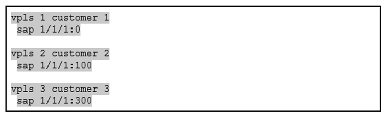 The following VPLS services have been configured. Which of the following statements is TRUE?   A)  All untagged frames will be forwarded to VPLS 1. B)  All frames with more than one VLAN tag will be dropped. C)  A frame with an outer VLAN tag of 300 and inner VLAN tag of 100 will be forwarded to VPLS 2. D)  A frame with a single VLAN tag of 500 will be forwarded to VPLS 1. E)  A frame with an outer VLAN tag of 500 and inner VLAN tag of 300 will be forwarded to VPLS 3.