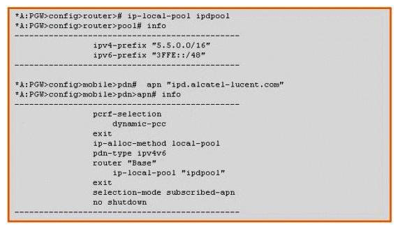 Based on the information shown in the exhibit, which of the following is TRUE when the PGW receives a  Create Session Request  with the  PDNTYPE  set to IPv4?   A)  The PGW tries to allocate an IP address from the subnet  5.5.0.0/16  and assigns it to the UE. B)  The PGW tries to allocate an IP address from the subnet  3FFE::/48  and assigns it to the UE. C)  The  Create Session Request  is rejected by the PGW. D)  There is insufficient information to answer this question.