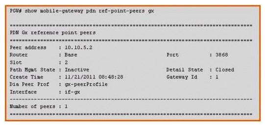 Based on the information shown in the exhibit, which of the following statements is FALSE?   A)  Gx commands are not being exchanged with the PCRF peer. B)  EPS bearers can be successfully established to this PGW. C)  The TCP connection to the PCRF peer is not established. D)  Watchdog messages are not being exchanged with the PCRF peer. E)  None of the above statements are false.