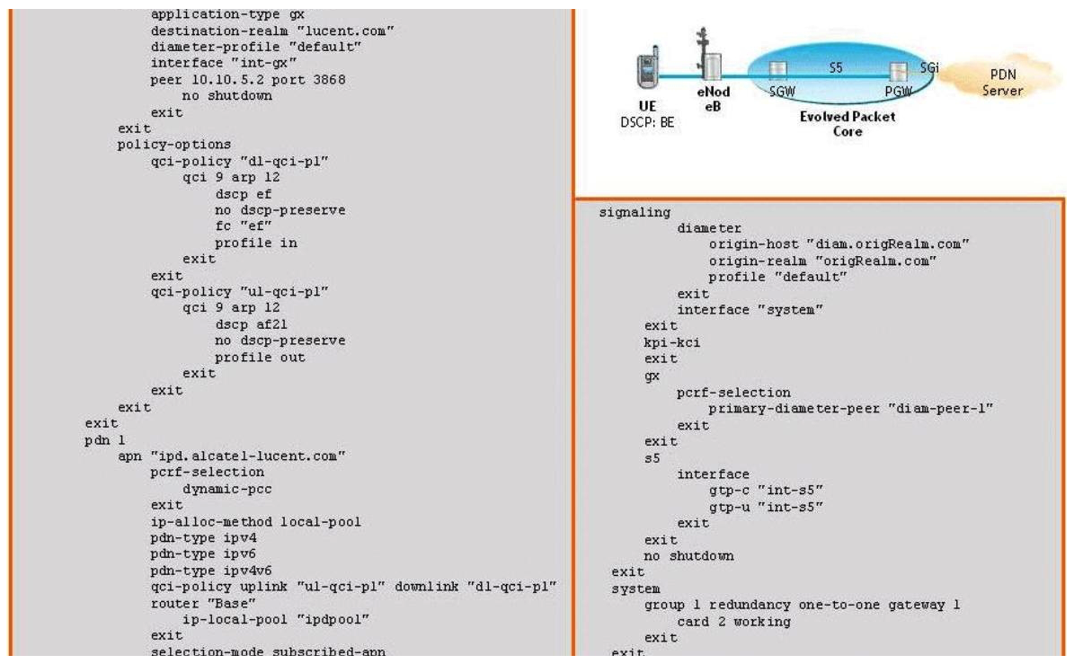A UE is exchanging best-effort (BE)  IP traffic with a PDN server over an EPS bearer with a QCI/ARP value of 9/12. Based on the information shown in the exhibit, what is the DSCP value of traffic egressing the S5 interface of the PGW to the SGW?   A)  BE B)  EF C)  AF21 D)  NC E)  None of the above answers are correct