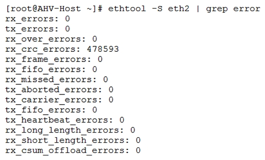 An administrator receives an alert in Prism indicating that interface eth2, on an AHV host is receiving many CRC errors. After togging into the problematic host, the following command is run to show the indicated output:   What is causing this issue? A)  Incorrect link speeds on the switch B)  The interface is incorrectly configured with Jumbo Frames C)  A misconfigured bond D)  A physical layer network problem