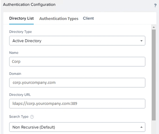 Refer to the exhibit.   An administrator configures Active Directory authentication as shown in the exhibit. Upon finishing setup, users are not able to log in. What configuration change should be made to fix this issue? A)  Change leaps to https B)  Change the Directory URL to use an IP rather than a name C)  Change the plct from 389 to 636 D)  Change the Domain to use an IP rather than a name