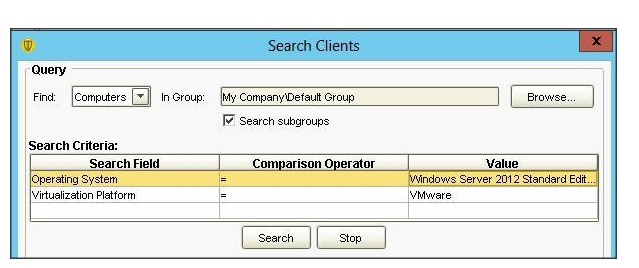 <strong>Refer to the exhibit. An administrator uses the search criteria displayed in the exhibit. Which results are returned from the query?</strong> A) all Windows 2012 Servers in the Default Group B) only VMware Servers in the Default Group C) all Windows 2012 Servers and all Virtualized Servers in the Default Group D) only Windows 2012 Servers that are Virtualized in the Default Group
