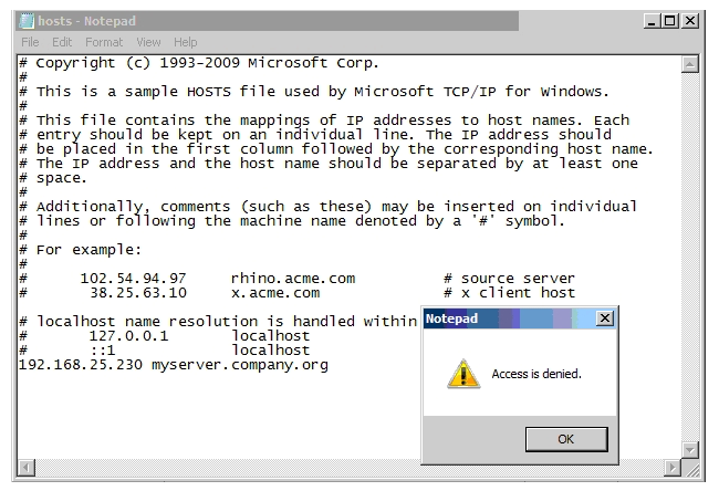 Refer to the exhibit.   In the use case displayed in the exhibit, why is Notepad unable to save the changes to this file? A)  Tamper Protection is preventing Notepad from modifying the host file. B)  SONAR is set to block host file modifications. C)  System Lockdown is enabled. D)  SONAR High Risk detection is set to Block.