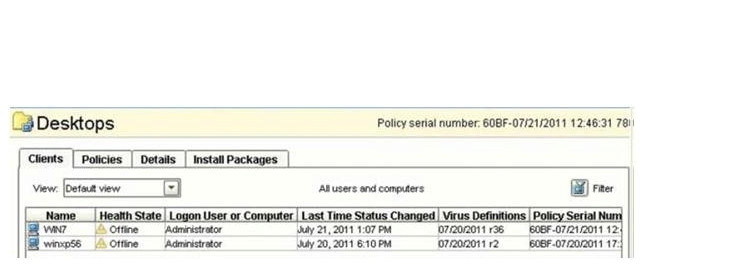 Refer to the exhibit.   The status of two clients on the Symantec Endpoint Protection Manager is provided in the exhibit. They indicate that the clients are  Offline . What does the Offline status indicate? A)  Live Update is not running on clients. B)  Antivirus is disabled in clients. C)  There are communications issues with clients. D)  Installation was unsuccessful on clients.