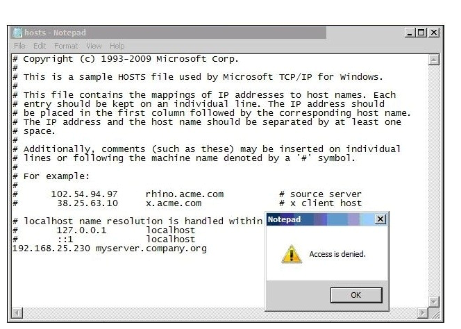 Refer to the exhibit.   In the use case displayed in the exhibit, why is the administrator unable to save the changes to this file? A)  Application Control is preventing Notepad from accessing the host file. B)  SONAR is set to block host file modifications. C)  Tamper Protection is enabled. D)  The Auto-Protect feature detected a malicious activity.