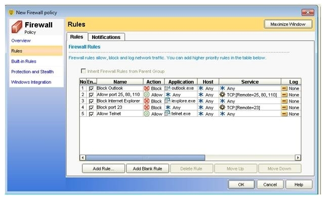 Refer to the exhibit.   A company has created a specific firewall policy that allows only certain traffic. Which traffic is allowed in the firewall policy displayed in the exhibit? A)  traffic on port 23 from Telnet (telnet.exe)  B)  traffic on port 25 from Outlook (outlook.exe)  C)  traffic on port 110 from Outlook (outlook.exe)  D)  traffic on port 80 from Internet Explorer (iexplore.exe)  E)  traffic on port 443 from Internet Explorer (iexplore.exe) 