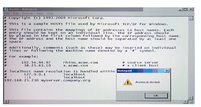 Why is Notepad unable to save the changes to the file in the image below?   A)  SONAR High Risk detection is set to Block B)  SONAR is set to block host file modifications. C)  Tamper Protection is preventing Notepad from modifying the host file. D)  System Lockdown is enabled.
