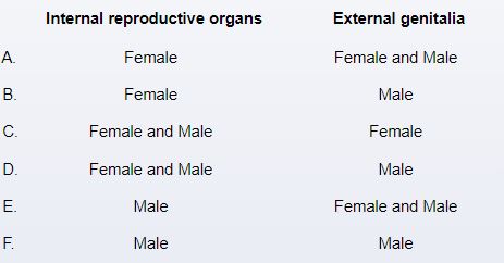 A 32-year-old lady, gravida 2 para 1, with an easy prenatal history, spontaneously delivered a 4.1-kg (9-lb)  infant at 39 weeks gestation. At 1 and 5 minutes, Apgar values were 8 and 10, respectively. Additional testing in the neonatal nursery reveals improper sexual differentiation. A 46,XY genotype was discovered during karyotype research. A biopsy of gonadal tissue reveals the absence of Sertoli cells but the presence of adequately functioning Leydig cells. Which of the following traits is the most likely?   A) A B) B C) C D) D E) E F) F