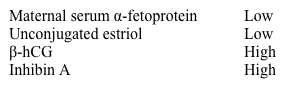 A 35-year-old woman, gravida 1, para 0, comes to the office to discuss abnormal laboratory results.  The patient is at 18 weeks gestation based on her last menstrual period.  She drank wine during the first trimester, as she initially did not realize she was pregnant.  The patient is otherwise healthy with no medical problems.  She takes prenatal vitamins and no other medications.  Her immunizations are up-to-date.  Results of the quadruple screen performed yesterday are as follows:   An ultrasound is scheduled to confirm the patient's gestational age and evaluate for fetal anomalies.  Which of the following conditions is the most likely cause of this patient's analyte pattern? A) Fetal alcohol syndrome B) Gastroschisis C) Myelomeningocele D) Omphalocele E) Trisomy 21