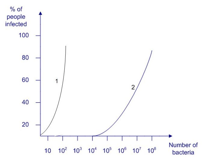 Volunteer studies are used to determine the infectious dose of Salmonella required to cause gastroenteritis.  The curve obtained during the studies is shown in the diagram as line 2.  Which of the following organisms could be represented by line 1 on this diagram?   A) Clostridium perfringens B) Enterotoxigenic Escherichia coli C) Shigella flexneri D) Vibrio cholerae E) Vibrio parahaemolyticus