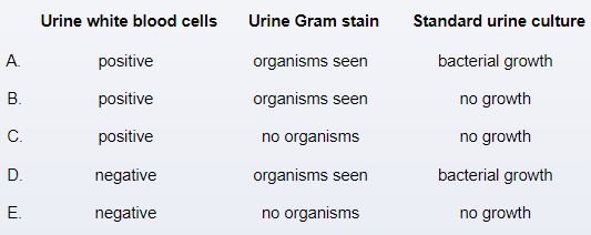 A 19-year-old man comes to the emergency department due to dysuria and scrotal pain.  The patient first noticed discomfort with urination and a watery urethral discharge 3 days ago.  Yesterday, he developed pain on the left side of the scrotum while sitting in class.  Vital signs are normal.  On examination, tender swelling is present along the posterior aspect of the left testis, which is otherwise normal in size and position.  Diagnostic testing reveals Chlamydia trachomatis as the sole causative pathogen.  Which of the following additional results are most consistent with this patient's diagnosis?   A) A B) B C) C D) D E) E