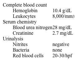 A 35-year-old previously healthy woman comes to the hospital due to increasing shortness of breath and cough.  Over the past few months, she has had arthralgias, fatigue, low-grade fever, and weight loss.  Laboratory results are as follows:   CT scan of chest is shown in the exhibit.    Histologic examination of the lung would most likely reveal which of the following findings? A) Fibrinoid degeneration of the vessel wall with luminal narrowing B) Necrotizing arteritis and focal collections of epithelioid histiocytes C) Necrotizing granuloma with a predominance  of eosinophils D) Proliferation of irregularly shaped glands and pleomorphic cells
