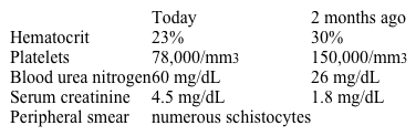 A 42-year-old man is brought to the emergency department 1 hour after the onset of severe headache, nausea, vomiting, and confusion.  The patient has primary (essential)  hypertension and chronic kidney disease; he has been prescribed 2 antihypertensive agents but has been noncompliant with therapy.  Temperature is 36.8 C (98.2 F) , blood pressure is 240/150 mm Hg, heart rate is 90/min, and respirations are 20/min.  Ophthalmologic examination shows bilateral papilledema.  The lungs are clear to auscultation.  Cardiac examination reveals an S4 and no murmurs.  Laboratory results are as follows:   If renal biopsy is performed in this patient, which of the following pathologic findings is most likely to be found? A) Fibrinoid necrosis of small arteriolar walls B) Focal global glomerulosclerosis C) Granulomatous inflammation of the media D) Homogenous acellular thickening of arteriolar walls E) Interstitial fibrosis and tubular atrophy