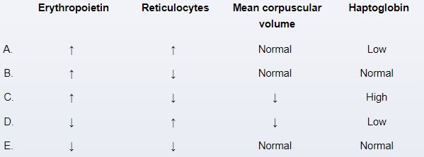 A 24-year-old man comes to the clinic due to 2 weeks of progressive generalized weakness.  He has also had significant bruising on his trunk that developed spontaneously without trauma.  The patient has no known medical conditions and takes no medications.  Temperature is 37.1 C (98.8 F) , pulse is 120/min, and respirations are 20/min.  Conjunctival pallor is present.  Cardiac examination reveals mild sinus tachycardia with no murmurs.  Skin examination shows truncal ecchymoses but is otherwise normal.  Laboratory results reveal a hemoglobin of 6.8 g/dL and a normal creatinine.  Bone marrow aspiration is grossly pale and histologically appears diluted due to high lipid content.  Which of the following laboratory patterns is most likely present in this patient?   A) A B) B C) C D) D E) E