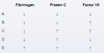 A 25-year-old woman is brought to the emergency department after a motor vehicle collision.  She has a pneumothorax, multiple rib fractures, and a right femur and tibial fracture.  A chest tube is placed.  The patient receives resuscitation and undergoes repair of the femur and tibial fractures.  The following day, she develops respiratory distress, decreased urine output, and persistent bleeding from the chest tube drains and around the intravenous lines.  Which of the following sets of laboratory findings is most likely to be seen in this patient?   A) A B) B C) C D) D E) E