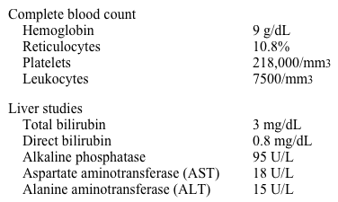 A 5-year-old boy is brought to the office by his parents who say that he  looks yellow  and has been uncharacteristically tired lately.  He has had upper respiratory tract infection symptoms for the past 3 days, including cough, rhinorrhea, sneezing, and sore throat.  The parents say that  a lot of kids at daycare have been sick lately.   The patient has no prior medical problems.  He is consistently at the 50th percentile for height and weight.  He takes no medications, and his immunizations are up to date.  Pallor, scleral icterus, and palpable splenomegaly are seen on examination.  Laboratory results are as follows:   The patient recovers spontaneously after a few weeks.  Peripheral smear of the boy's blood after recovery is shown in the exhibit.   Which of the following is the most likely cause of this patient's condition? A) Glucose-6-phosphate dehydrogenase enzyme deficiency B) Imbalance between alpha and beta globin chain production C) Nuclear maturation defect due to defective DNA synthesis D) Polymerization of hemoglobin within red blood cells E) Red blood cell membrane cytoskeleton abnormalities