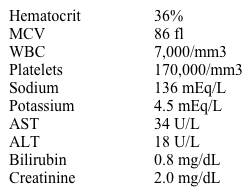 A 57-year-old male presents to your office complaining of fatigue and low energy.  He also notes experiencing intermittent back pain that responds to ibuprofen.  He has no significant past medical history.  His family history is significant for his father dying of a heart attack at age 60.  Fecal occult blood testing is negative.  Laboratory studies reveal:   Plasma protein electrophoresis reveals a high peak corresponding to gamma-globulins.  The most likely diagnosis is: A) Iron deficiency B) Cobalamin deficiency C) Chronic lymphocytic leukemia D) Aplastic anemia E) Plasma cell neoplasm F) Hodgkin lymphoma G) Hypothyroidism