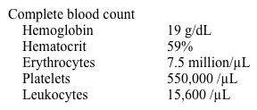 A 52-year-old man comes to the physician complaining of dizziness, headaches, and pruritus after showering.  He has smoked half a pack of cigarettes daily for the past fifteen years and drinks alcohol socially.  Physical examination shows a reddish facial complexion and mild splenomegaly.  Laboratory results are as follows:   Which of the following is the most likely cause of this patient's findings? A) Decreased circulating plasma volume B) Decreased blood oxygen saturation C) Increased bone marrow sensitivity to growth factors D) Increased red blood cell life span E) Increased serum erythropoietin levels