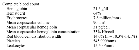 A 53-year-old man comes to the physician due to frequent headaches and dizziness.  He has a history of hypertension and peptic ulcer disease.  His medications include daily chlorthalidone and antacids as needed.  The patient's temperature is 37 C (98.6 F) , blood pressure is 146/92 mm Hg, pulse is 89/min, and respirations are 16/min.  His BMI is 26 kg/m<sup>2</sup>.  Physical examination shows facial plethora and moderate splenomegaly.  Laboratory results are as follows:   This patient most likely has a mutation in which of the following types of proteins? A) Cytoplasmic tyrosine kinase B) Growth-stimulating transcription factor C) Intrinsic receptor tyrosine kinase D) Tumor suppressor protein E) Vascular growth factor