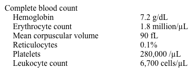 A 35-year-old woman comes to the physician complaining of weakness, fatigue, and pallor.  She denies heavy menses or melena.  Physical examination is unremarkable except for conjunctival pallor.  Laboratory results are as follows:   Iron studies and serum B<sub>12</sub> and folic acid levels are within normal limits.  Bone marrow biopsy shows absence of erythroid precursors but preserved myeloid and megakaryocytic elements.  Further workup would most likely show which of the following? A) Hepatocellular carcinoma B) Renal cell carcinoma C) Thymic tumor D) Cerebellar hemangioblastoma E) Uterine fibroid
