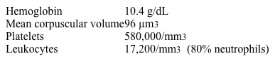 A 60-year-old man comes to the emergency department due to 10 days of worsening cough, shortness of breath, and right-sided chest pain.  The patient also has had low-grade fever, fatigue, and unspecified weight loss.  A month ago, he was hospitalized for 2 days due to right lower lobe pneumonia.  Although oral antibiotics were prescribed at discharge, he did not get the prescription filled because his symptoms had improved.  Temperature is 38.2 C (100.8 F) , blood pressure is 116/70 mm Hg, pulse is 104/min, and respirations are 18/min.  Physical examination is notable for decreased breath sounds at the right lung base.  Chest imaging reveals loculated pleural fluid on the right side.  Laboratory analysis reveals the following:   Blood cell counts were normal a month ago at the time of hospital discharge.  Which of the following is the most likely underlying cause of this patient's increased platelet count? A) Autonomous clonal proliferation of megakaryocytes B) Chronic hypoxia-induced erythropoietin release C) Cytokine-mediated megakaryocyte proliferation and maturation D) Decreased platelet sequestration by the spleen E) Increased platelet production from extramedullary hematopoiesis